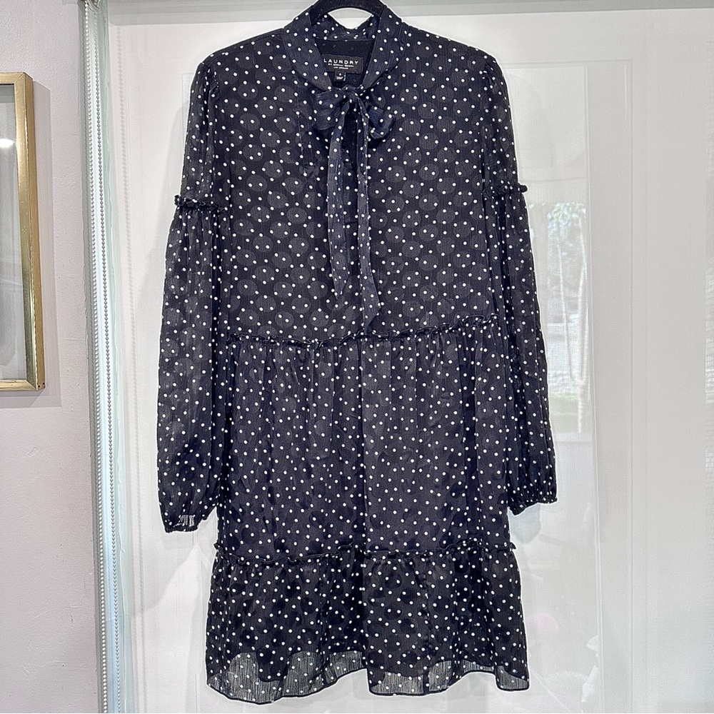Laundry By Shelli Segal Black with White BluePolka Dots Ruffled Tie Front Dress